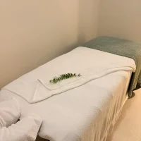 Massage table in room with white towels.